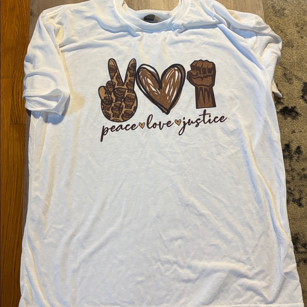 Gildan White Tee with Brown Peace Love Justice Design